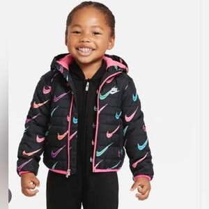 Nike Kids' Black Puffer Jacket with Multicolor Swooshes